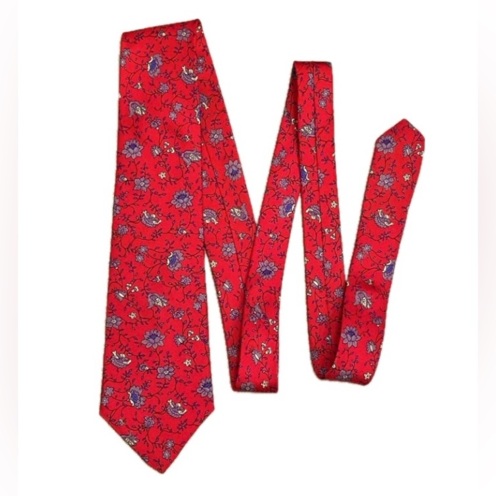 Vintage Pierre Cardin silk tie, small print floral, grey on red